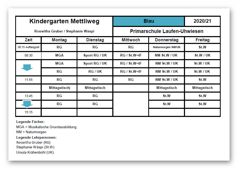 Stundenplan Schuljahr 2020-2021 Kindergarten Blau