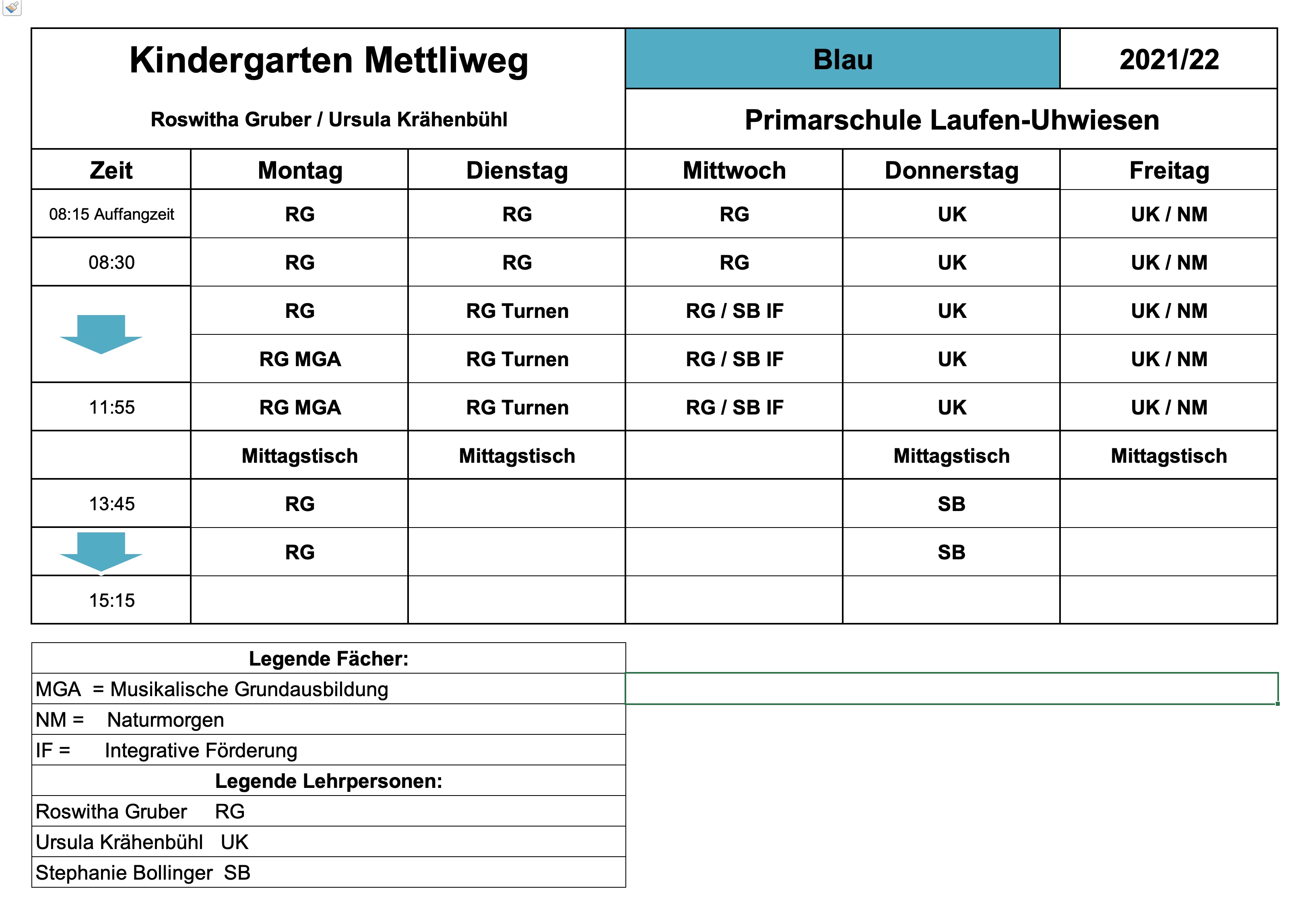 Stundenplan Schuljahr 2021-2022 Kindergarten blau