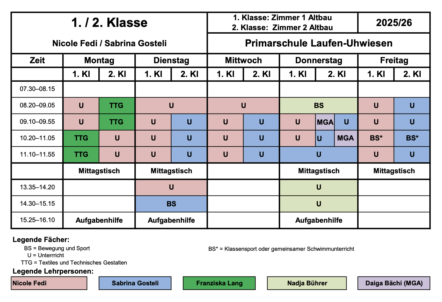 Stundenplan 1. Klasse Schuljahr 2025/2026