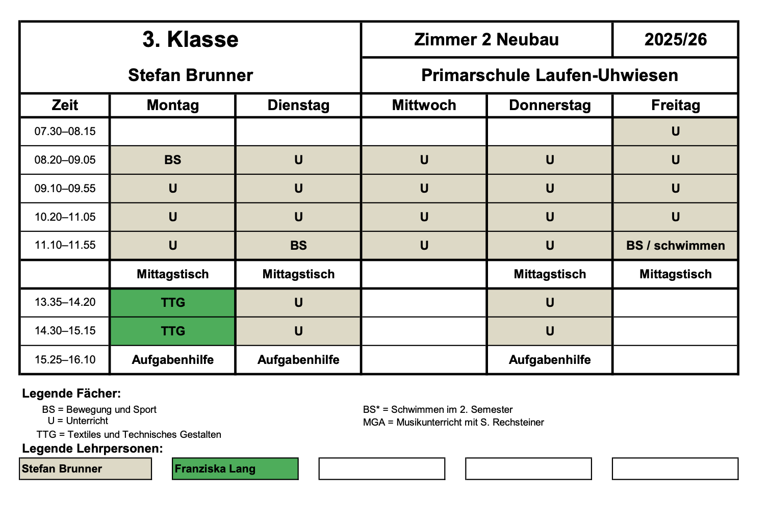 Stundenplan 3. Klasse Schuljahr 2025/2026