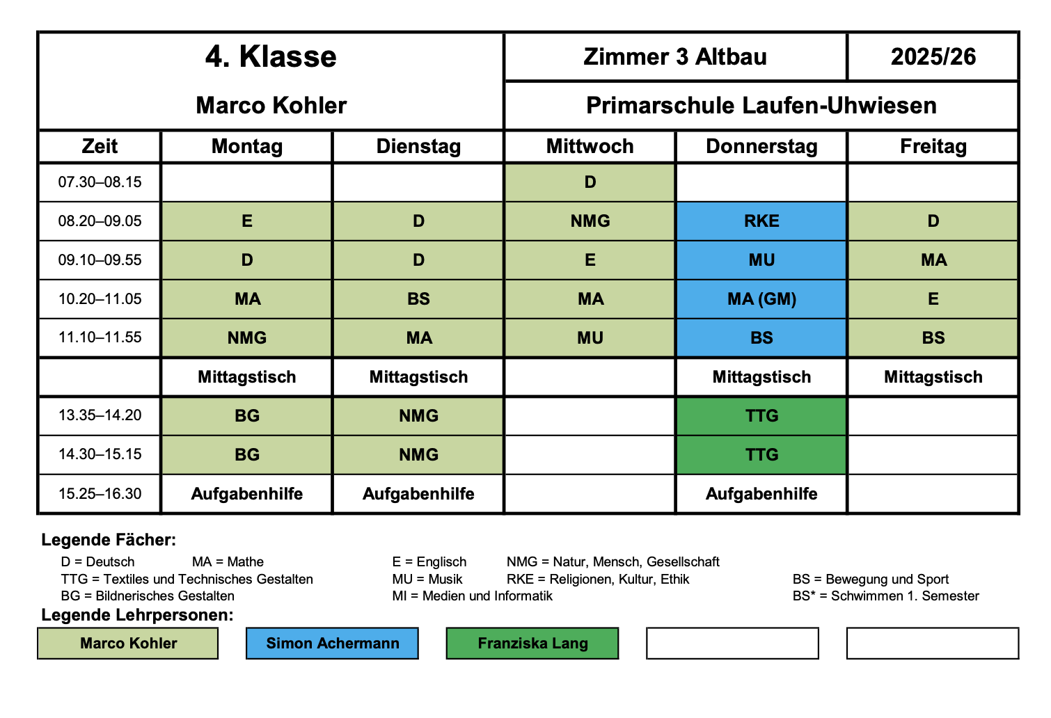 Stundenplan 4. Klasse Schuljahr 2025/2026