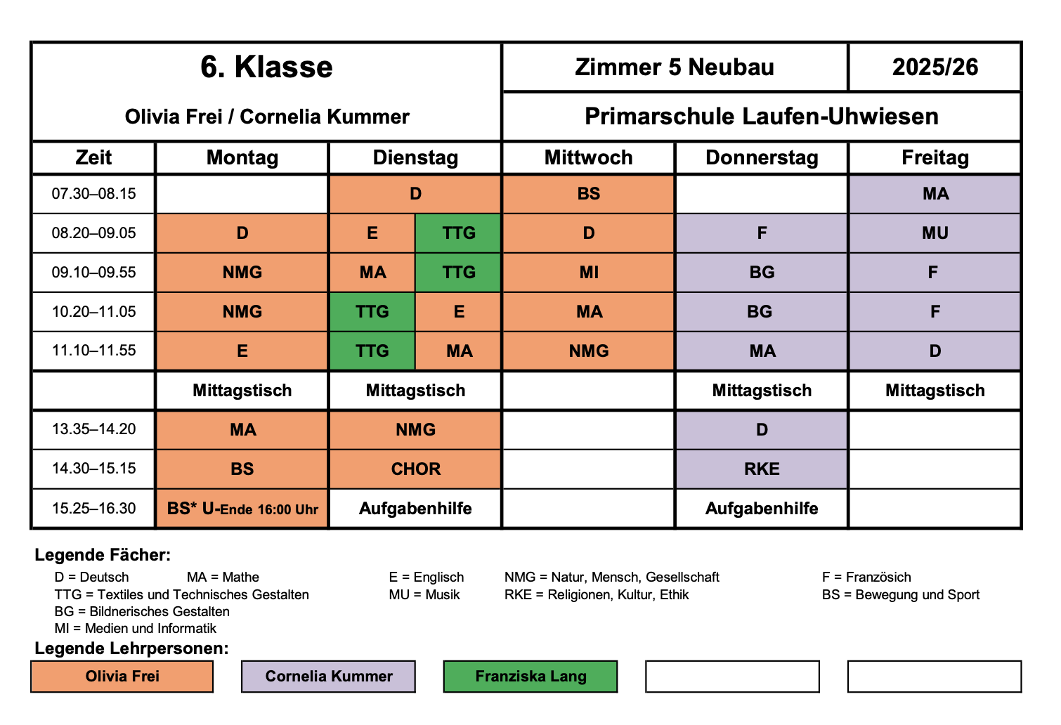 Stundenplan 6. Klasse Schuljahr 2025/2026