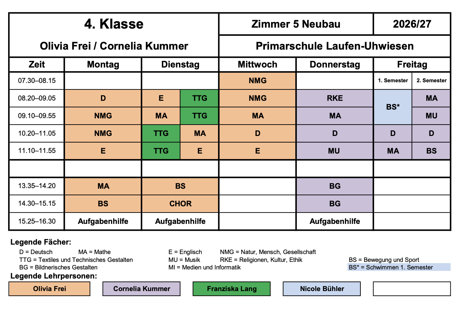4. Klasse Stundenplan 2026/2027