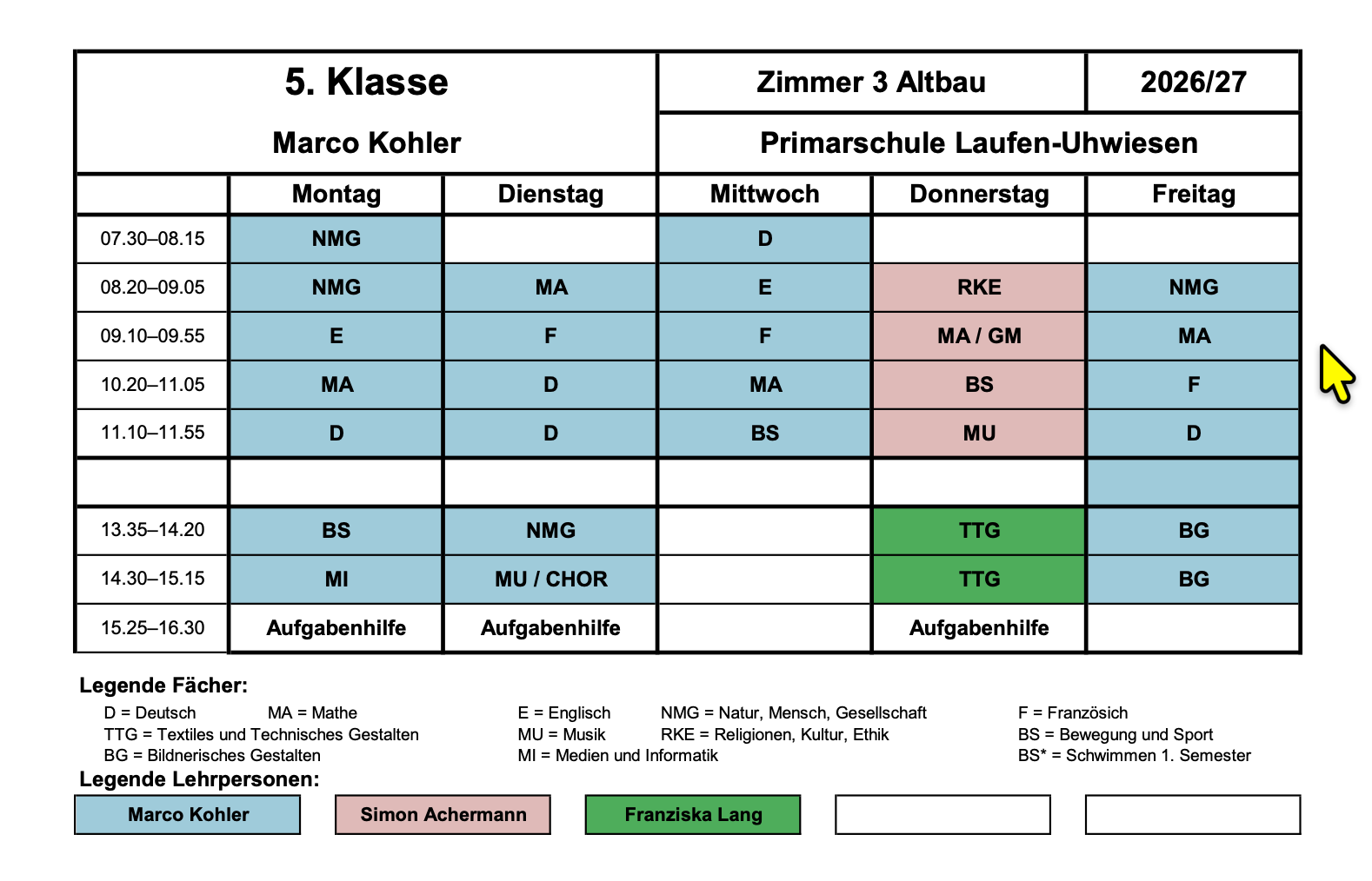 5. Klasse Stundenplan 2026/2027