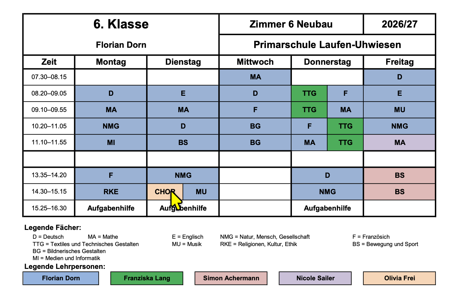 6. Klasse Stundenplan 2026/2027