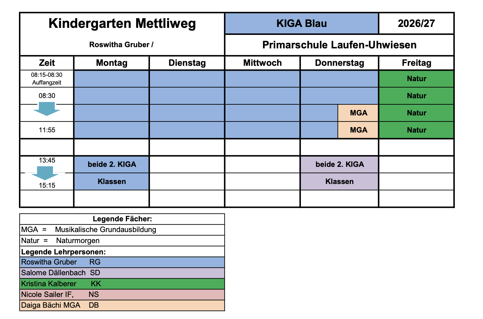 Kindergarten Mettliweg (KiGa Blau) Stundenplan 2026/2027