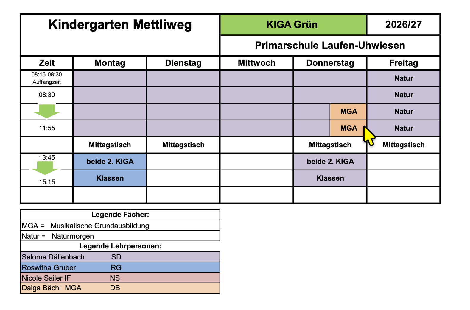 Kindergarten Mettliweg (KiGa Grün) Stundenplan 2026/2027